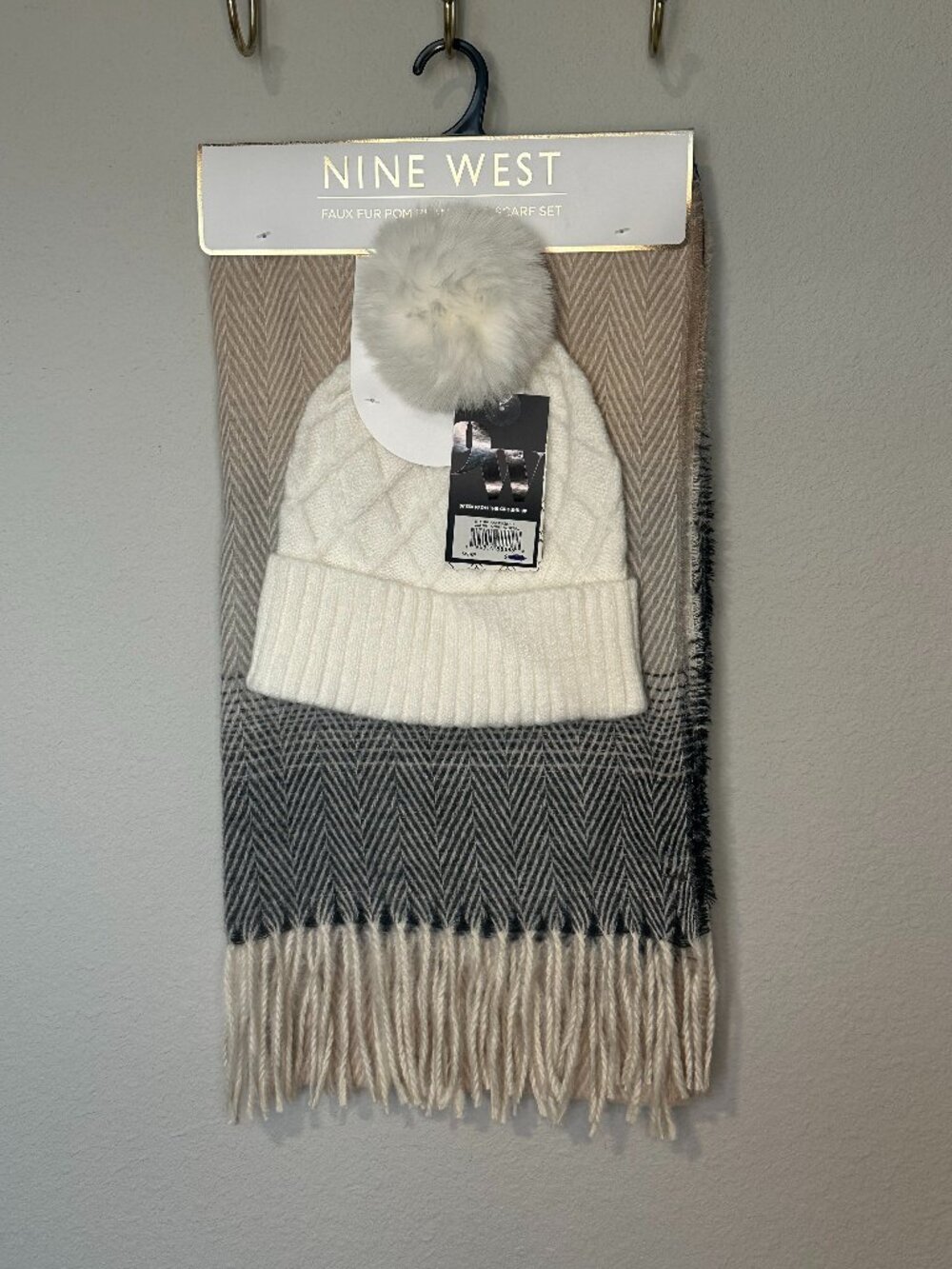 NWT Nine West Ivory Pom Pom Beanie & Neutral Herringbone Scarf Set